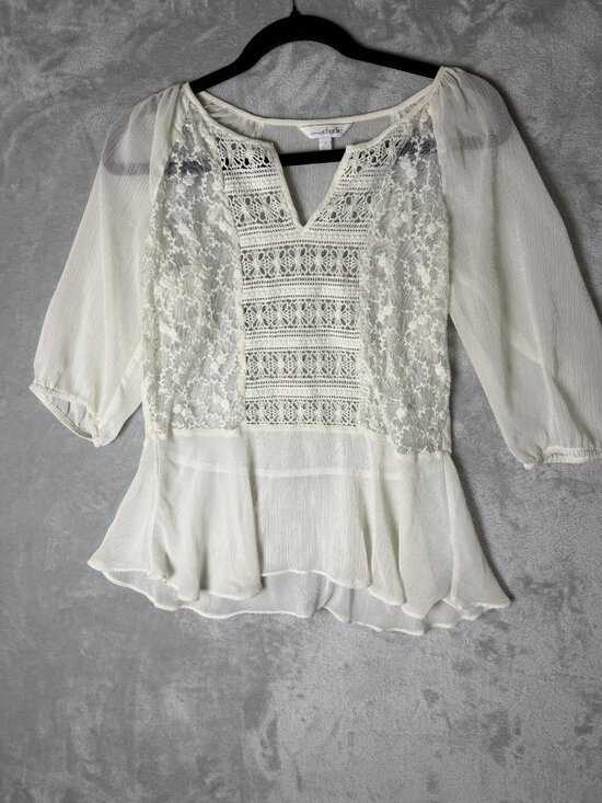 Charming Charlie Tops - CHARMING CHARLIE Top Womens S Ivory Lace Babydoll Peplum Puff Sleeve Boho